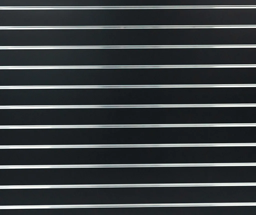 Black Matte Landscape Horizontal Slatwall with Silver Aluminium Inserts Close-up