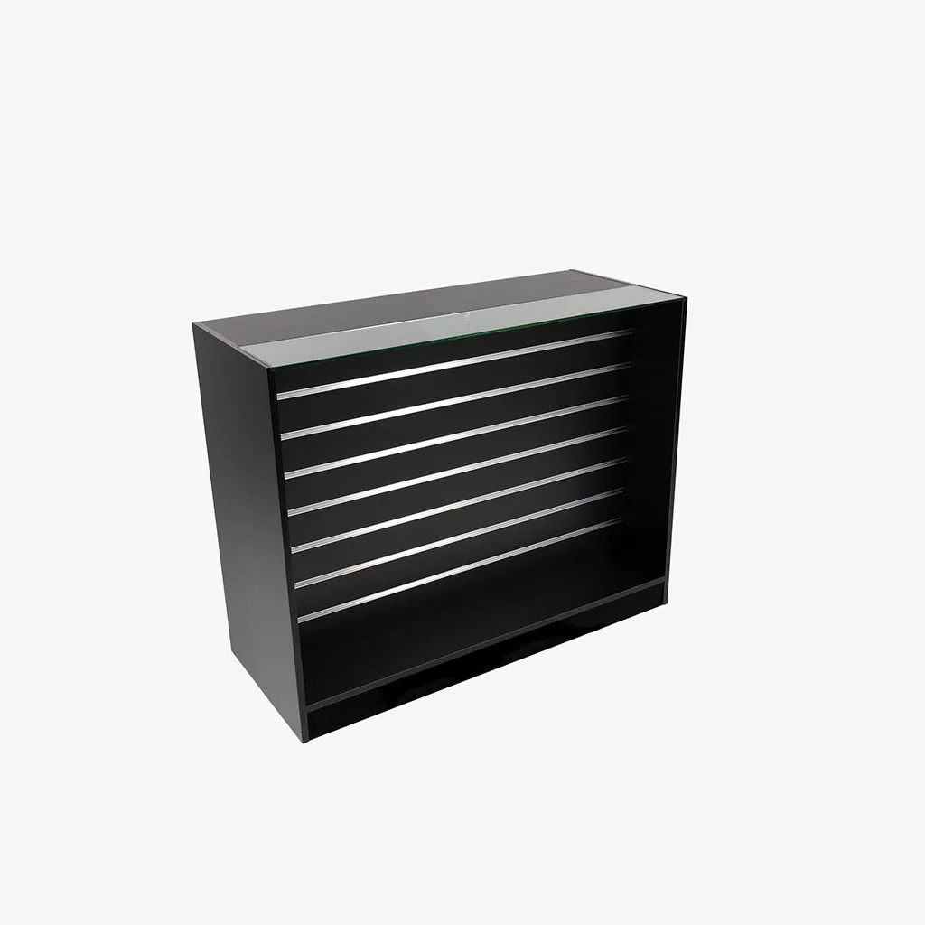 Retail Counter with Slatwall Face and Glass Top in Black, 1200mm