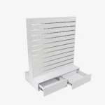 White Double Sided Center Bay Slatwall Gondola with Silver Inserts and Drawers