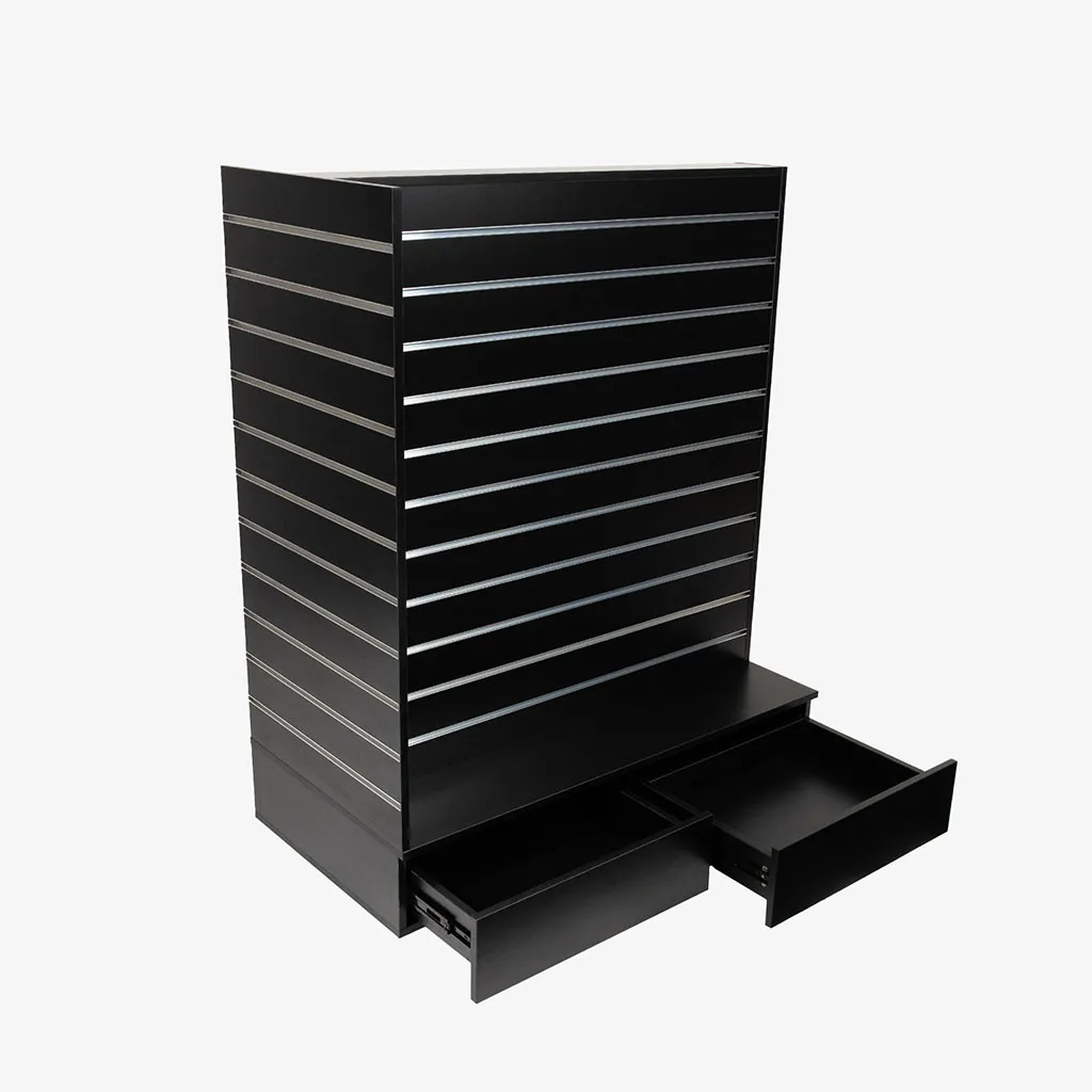 Black Double Sided End Bay Gondola with Silver Inserts and Drawers
