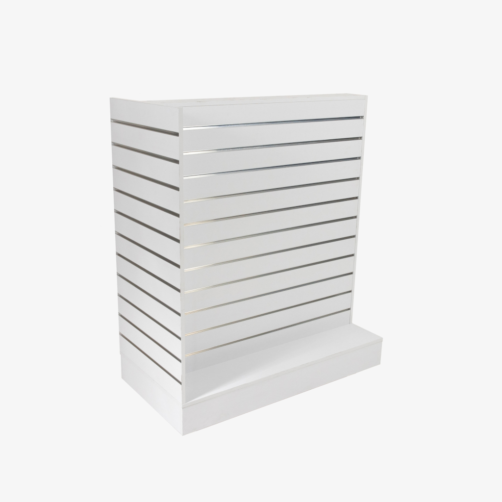 White Double Sided End Bay Slatwall Gondola With Silver Inserts.