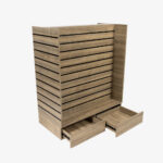 Walnut Double Sided H Frame Slatwall Gondola With Black Inserts and Drawers.