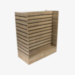 Walnut Double Sided H Frame Slatwall Gondola With Black Inserts and Drawers.