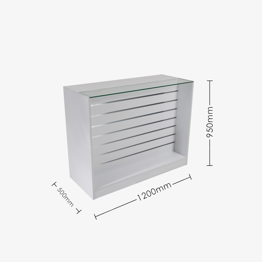 White Retail Counter with Slatwall Face and Glass Top, 1200mm