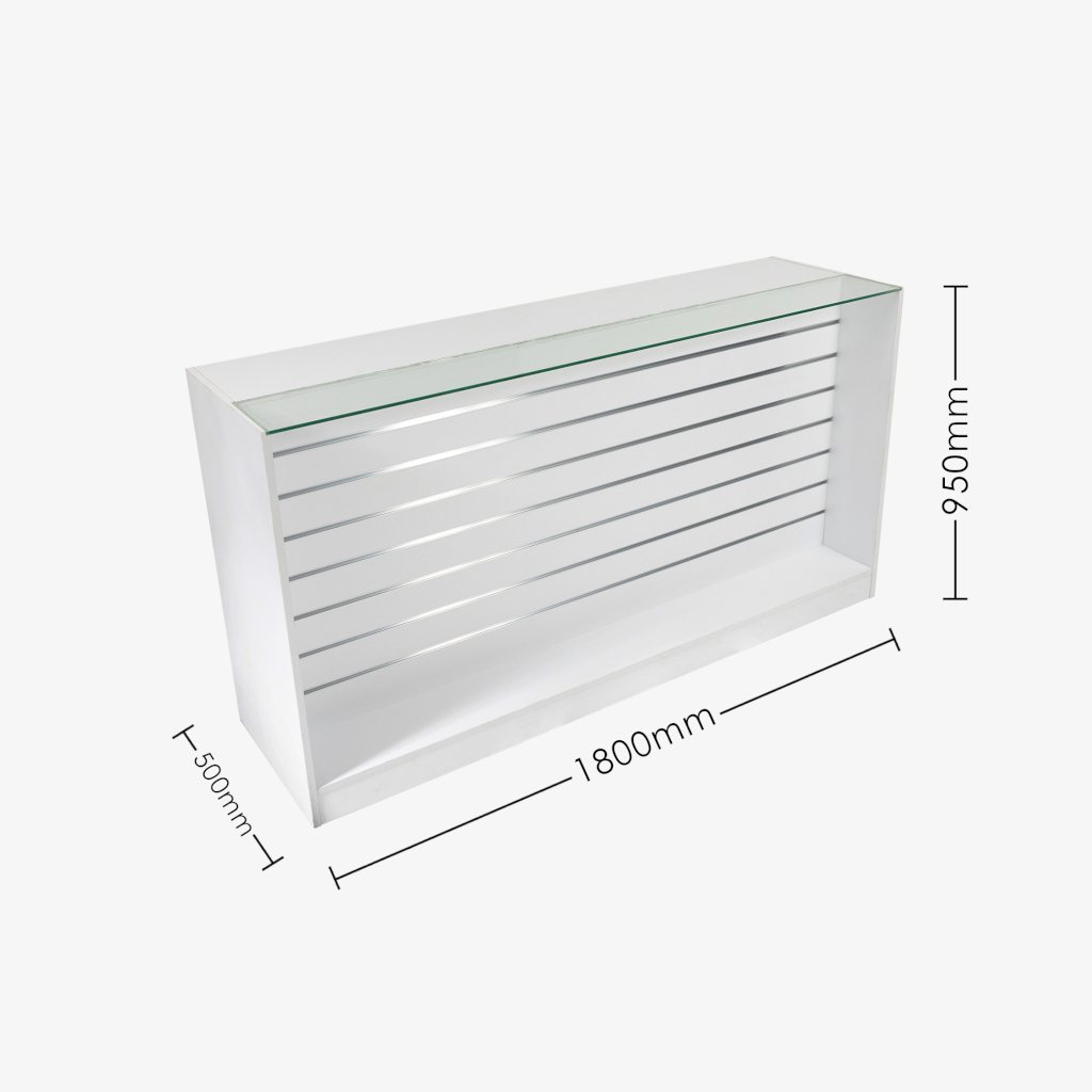 White Retail Counter with Slatwall Face and Glass Top, 1800mm