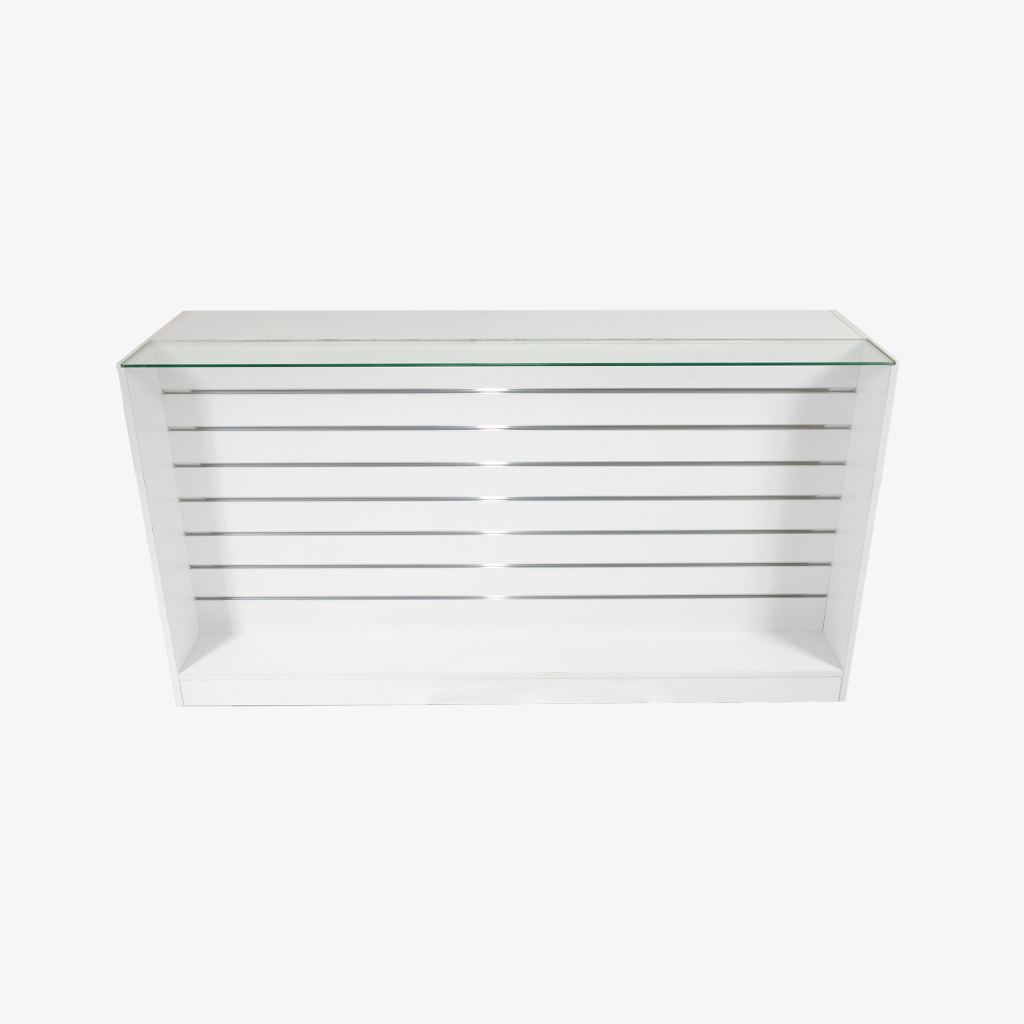 White Retail Counter with Slatwall Face and Glass Top, 1800mm