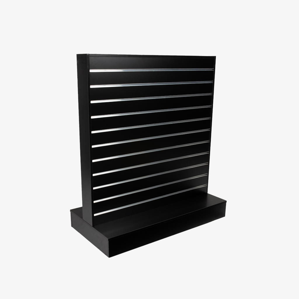 Double Sided Center Bay Black Slatwall Gondola with Silver Inserts