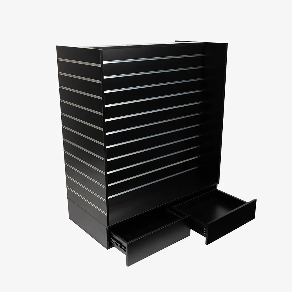 Black Double Sided H Frame Gondola with Silver Inserts and Drawers