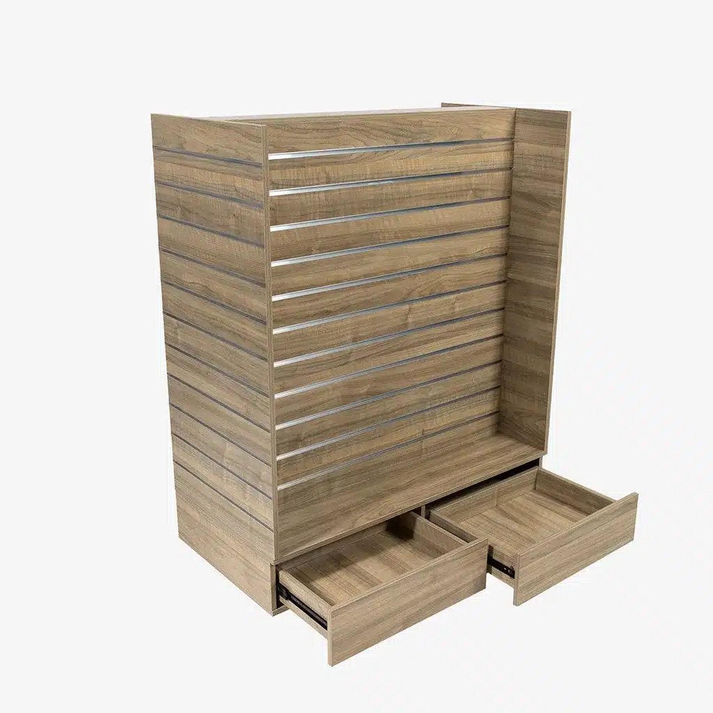 Walnut Double Sided H Frame Slatwall Gondola With Silver Inserts and Drawers