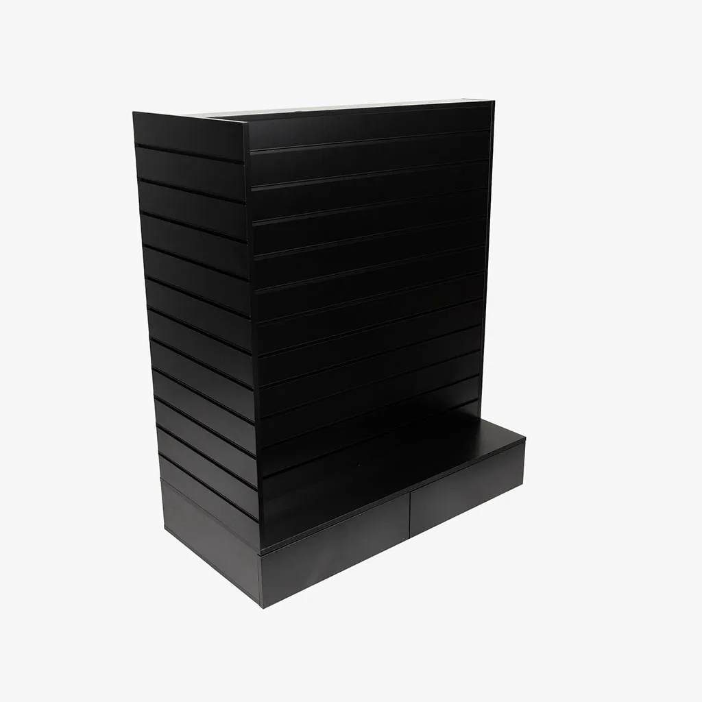 Black Double Sided End Bay Gondola with Drawers and Black Inserts.