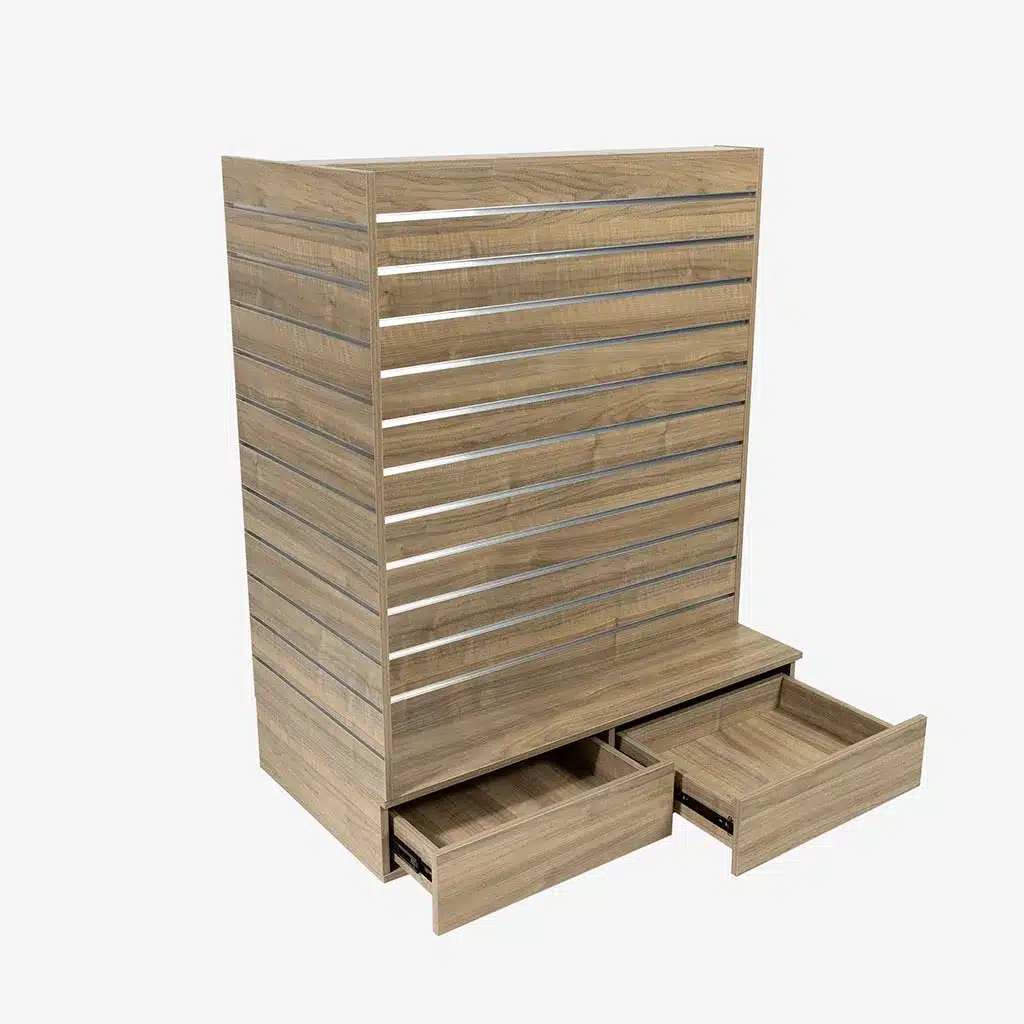 Walnut Double Sided End bay Slatwall Gondola With Silver Inserts and Drawers.