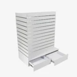 White Double Sided End Bay Slatwall Gondola With Silver Inserts and drawers