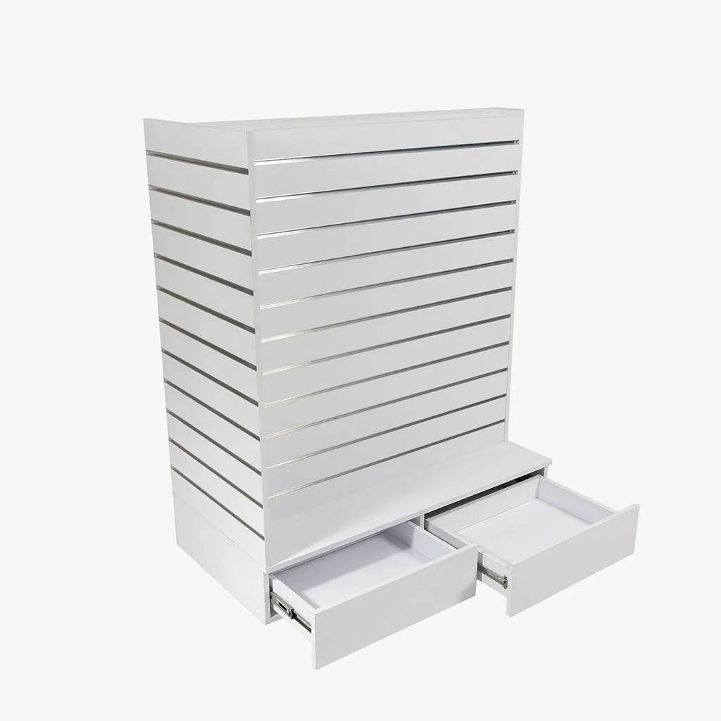 White Double Sided End Bay Slatwall Gondola With Silver Inserts and drawers