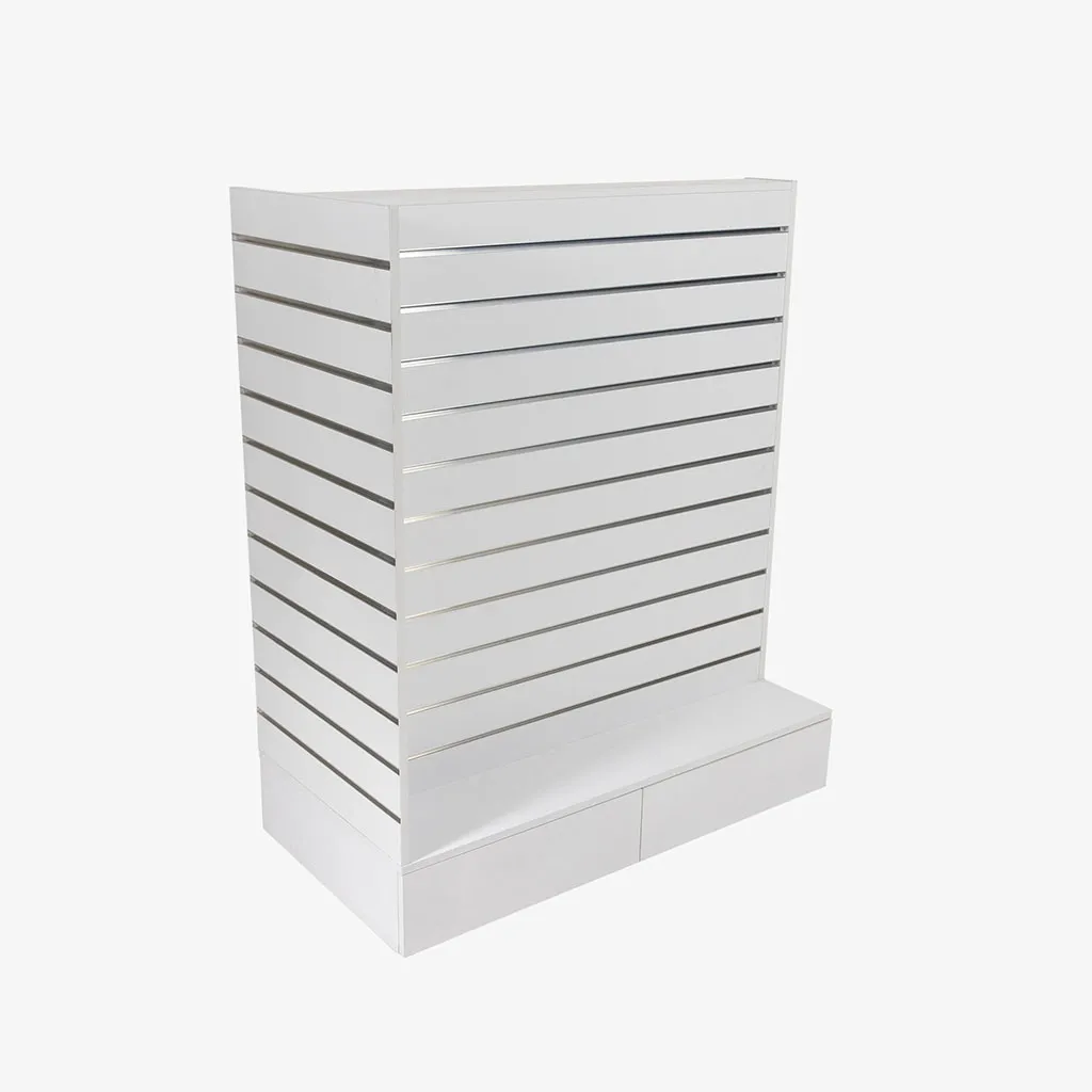 White Double Sided End Bay Slatwall Gondola With Silver Inserts and drawers