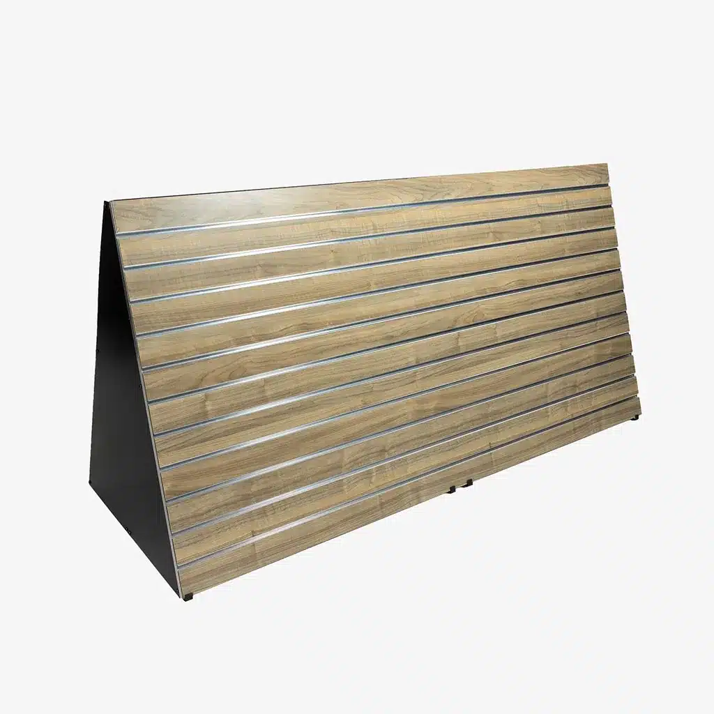 Freestanding Double Sided Slatwall A Frame Gondola, Walnut with Silver Inserts