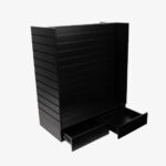 Black Double Sided H Frame Slatwall Gondola With Black Inserts and Drawers.