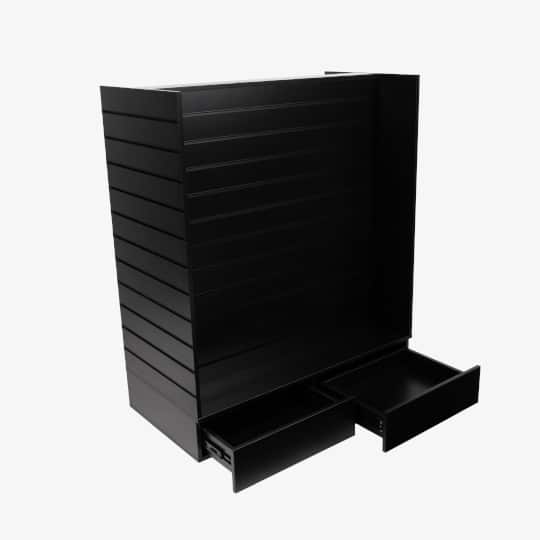 Black Double Sided H Frame Slatwall Gondola With Black Inserts and Drawers.