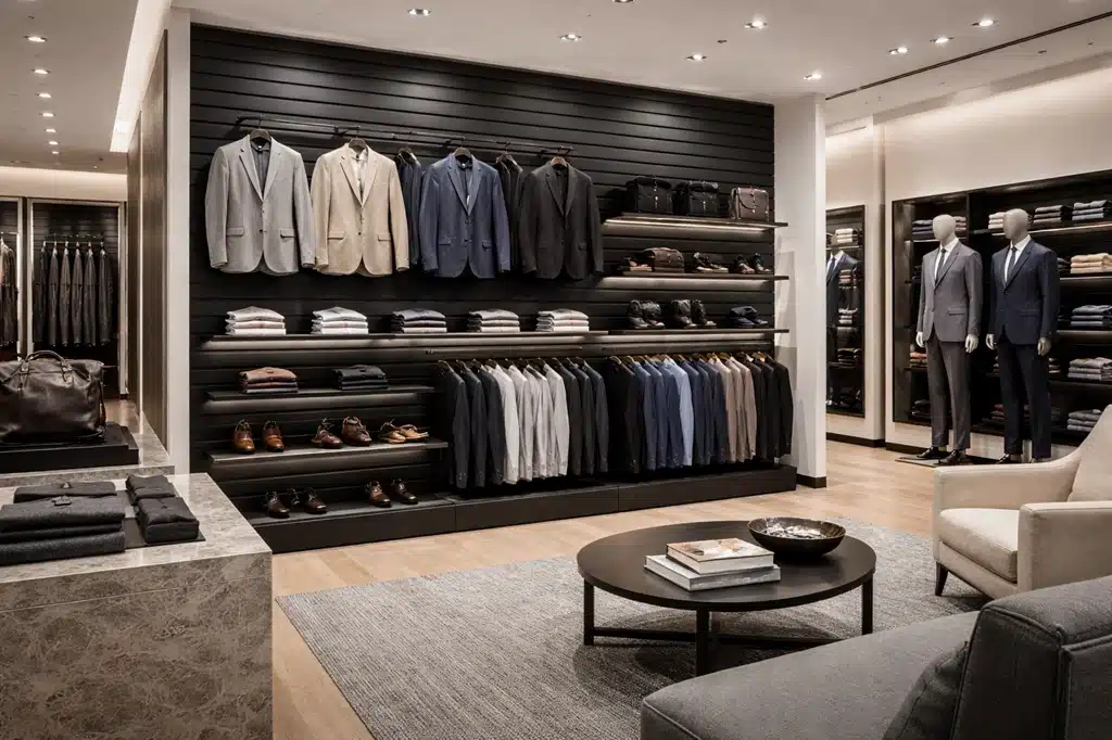 High end clothing store with Dinya's black slatwall with black inserts.
