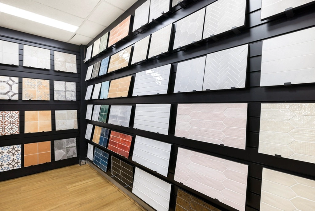 Tiles on display on Dinya Designs Slatwalls using accessories