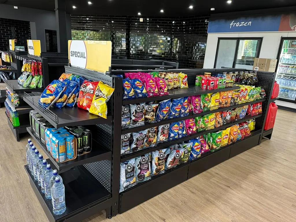 Double Sided Volcano Pegboard Gondola Display Shelving in Petrol Station